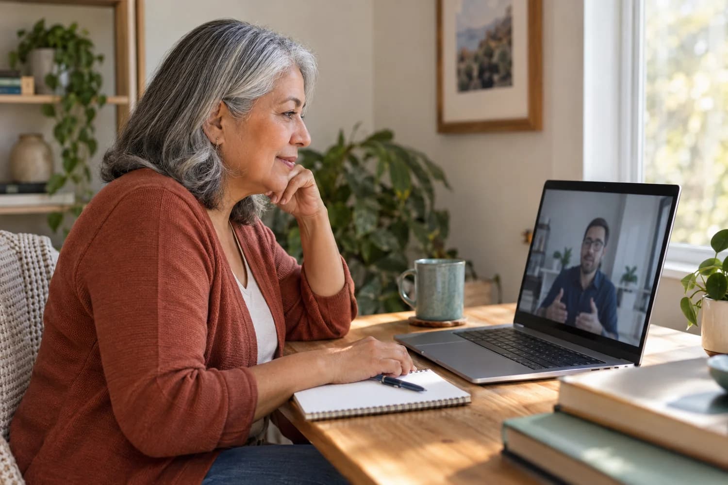 An older woman discussing an account issue with an adviser on a laptop video call.