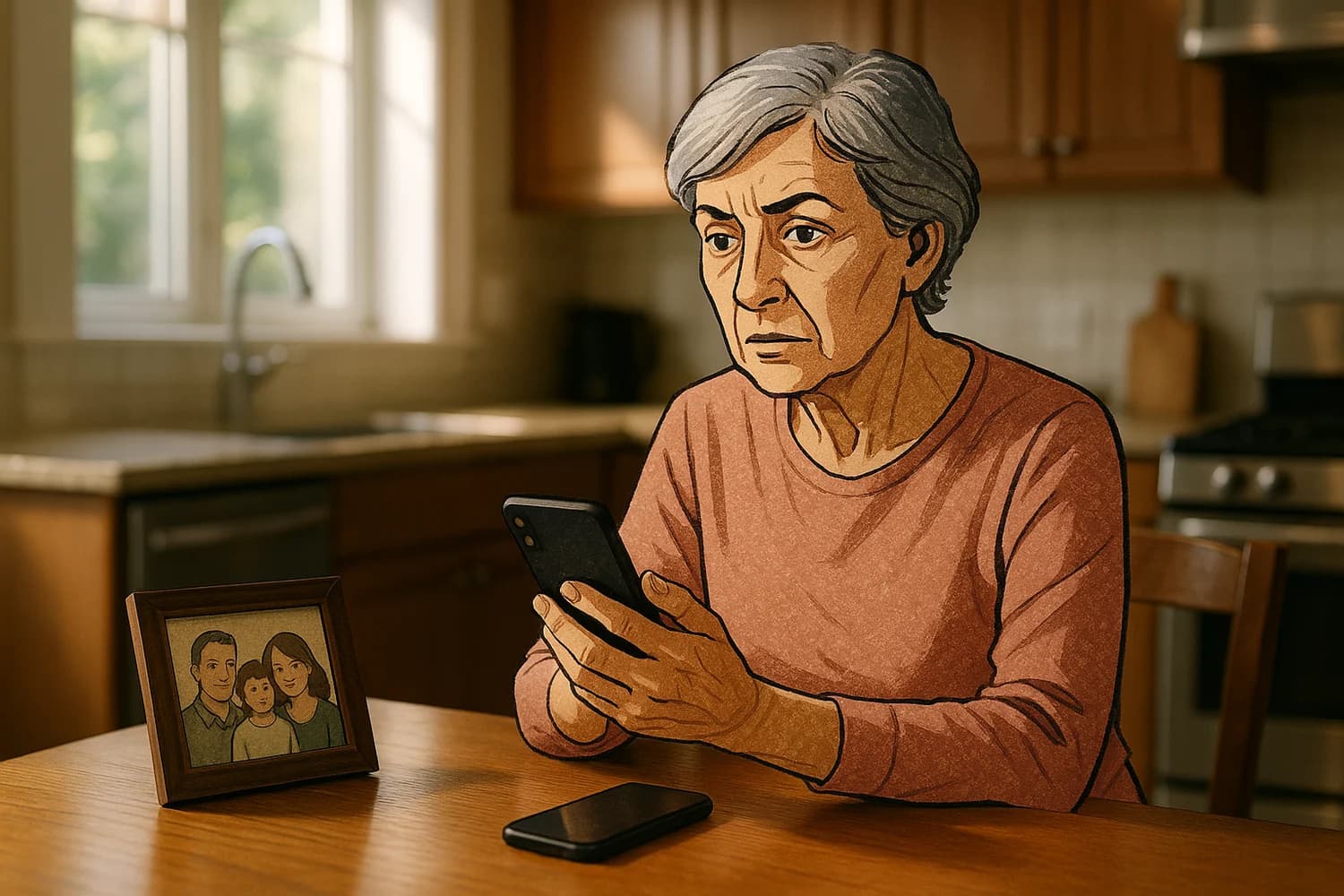Older adult checking a phone during a scam call at a kitchen table