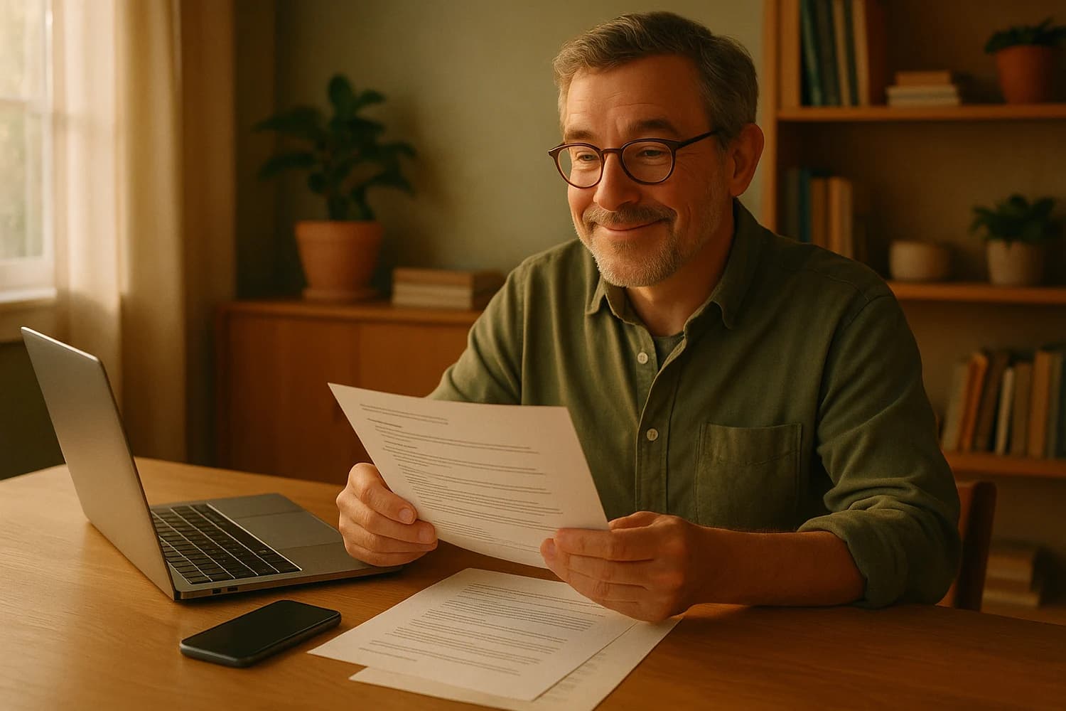 An older man reviewing a family device plan with a relaxed, confident expression