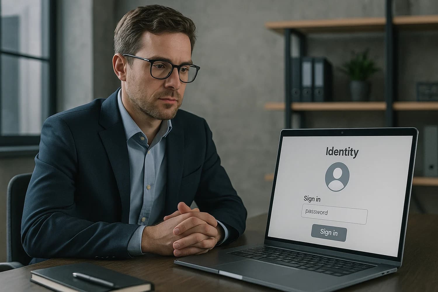 Professional realistic identity authentication interview scene with security operations context