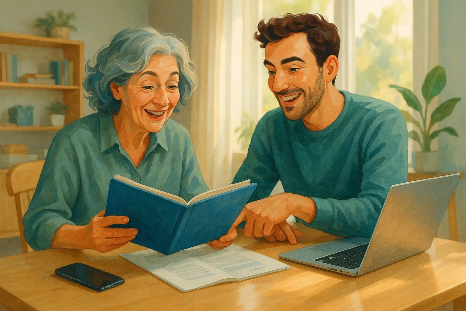 An older adult pair assembling a digital estate packet with relaxed, warm expressions