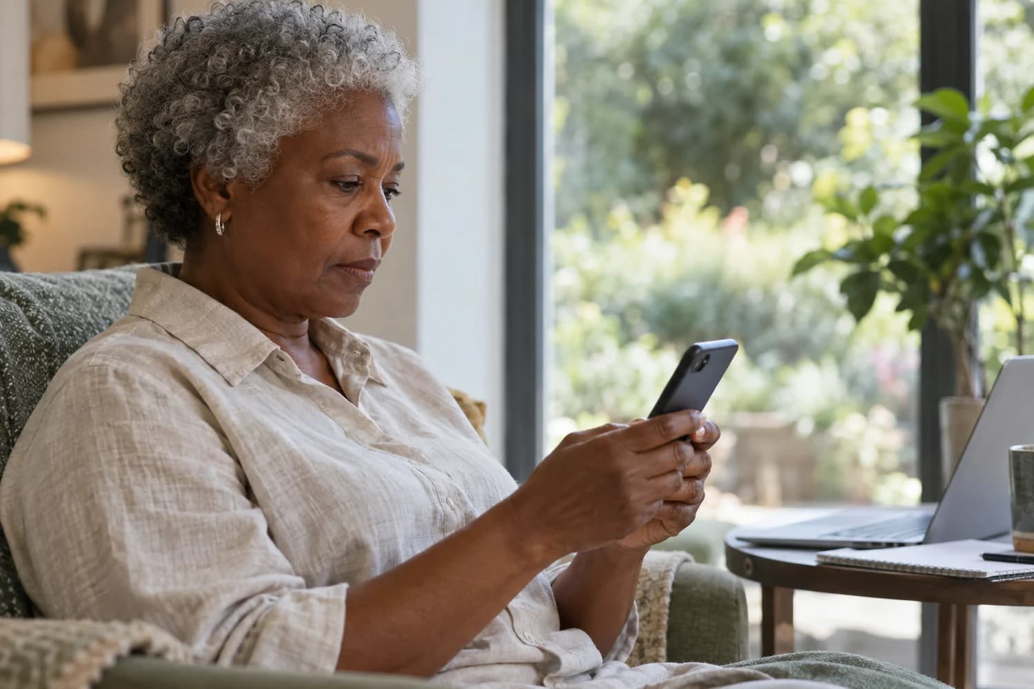 An older woman calmly checking a smartphone beside a window at home.