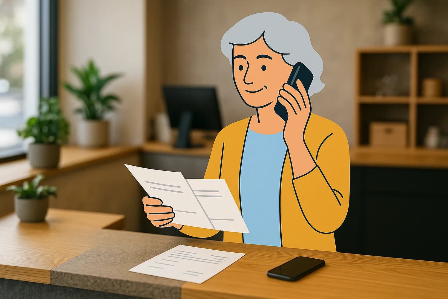 Illustrated business owner checking two invoices during a verification call