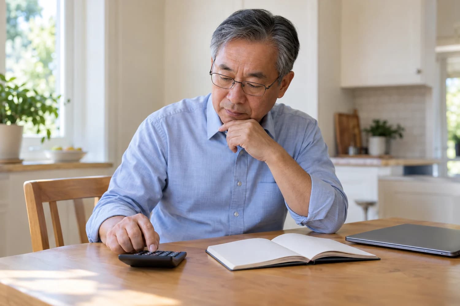 An older man using a calculator beside a notebook and closed laptop at a kitchen table.