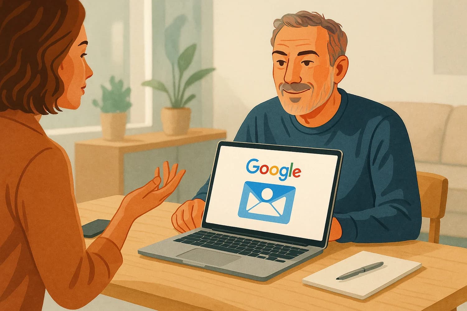 An older adult and family member reviewing Google account options with relaxed, engaged expressions