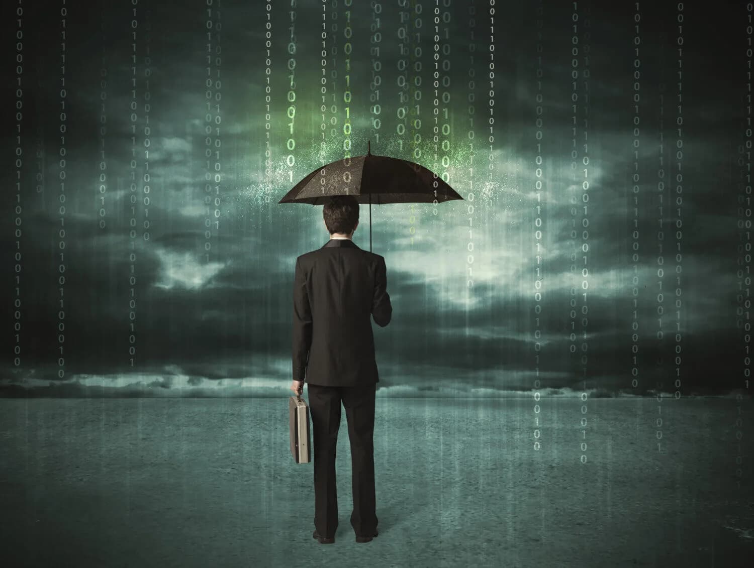 business man in the rain with digits falling like matrix