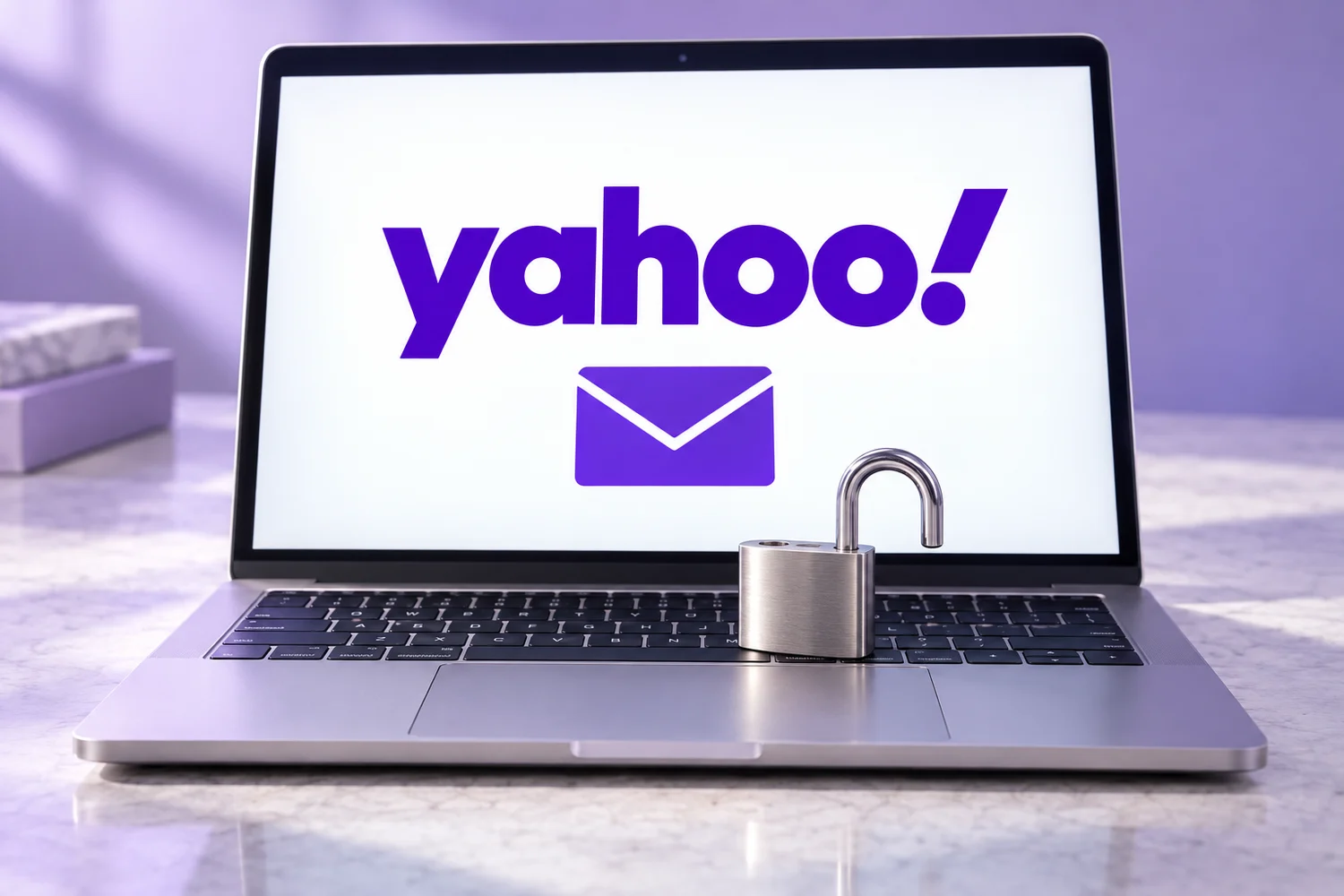 Yahoo logo on a laptop screen with an open padlock on the keyboard