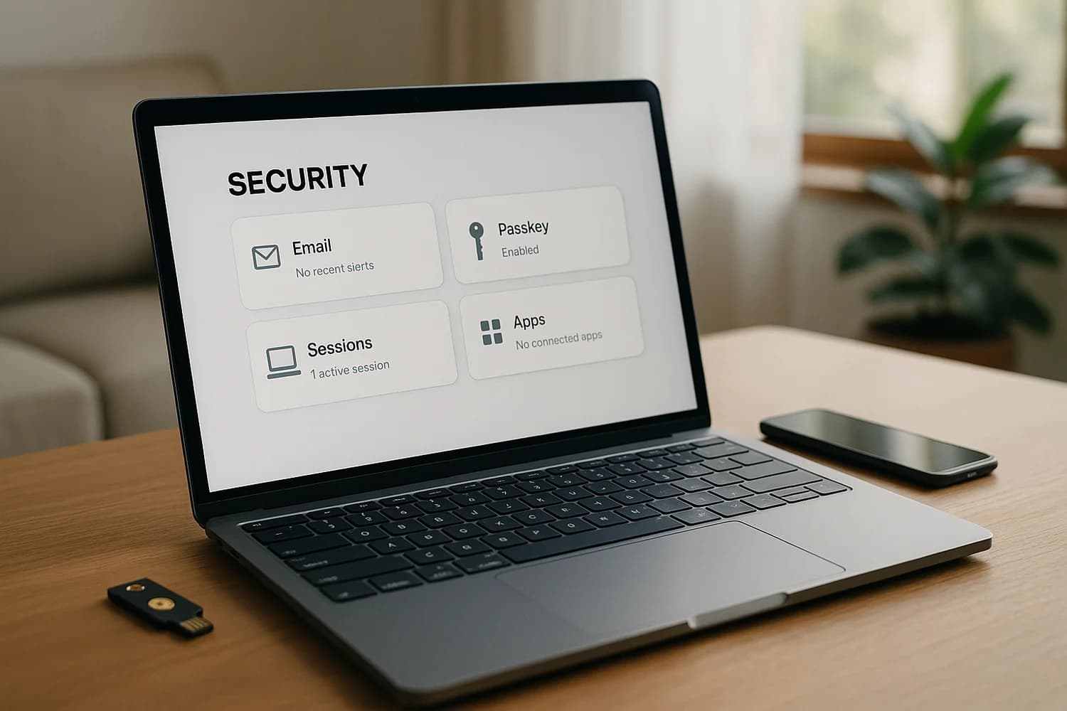Laptop showing generic account security controls for email, passkey, sessions, and connected apps