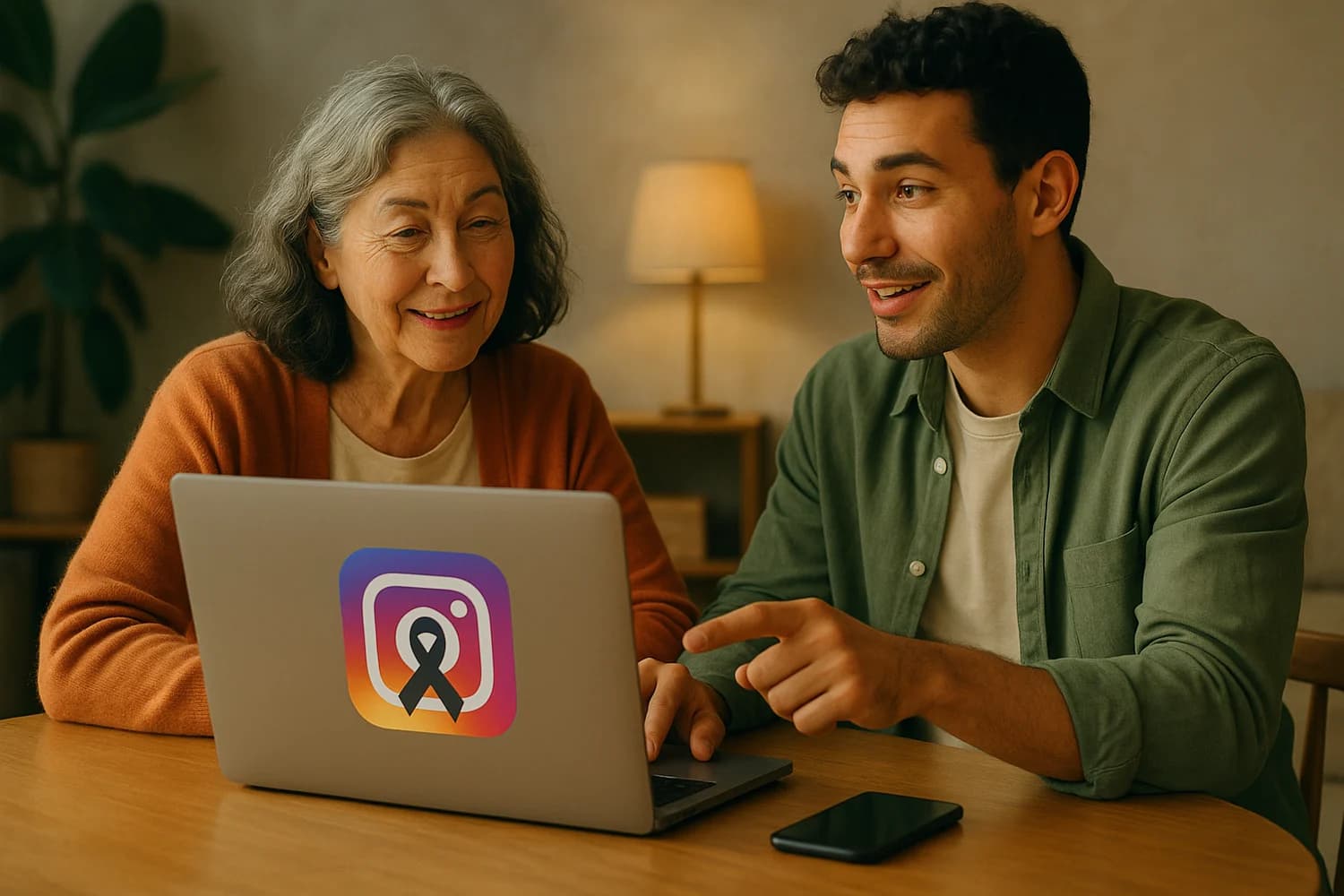 An older woman organizing Instagram memorialization papers with a calm, open expression