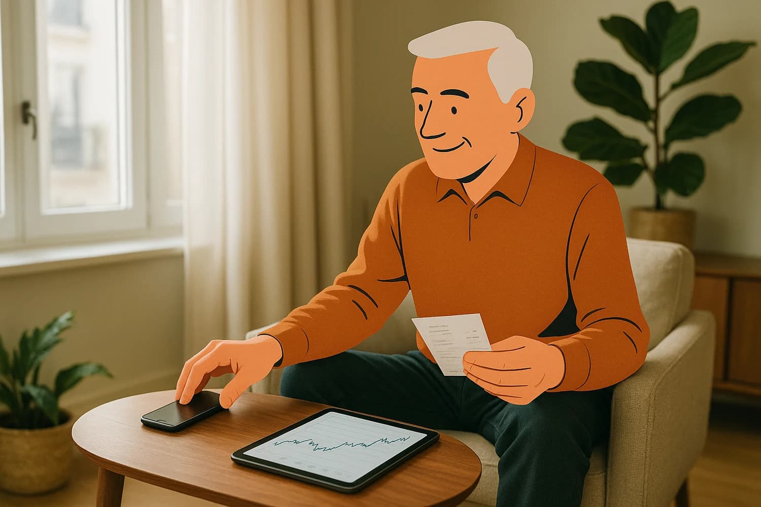 Illustrated man pausing an investment payment while reviewing a tablet and receipt