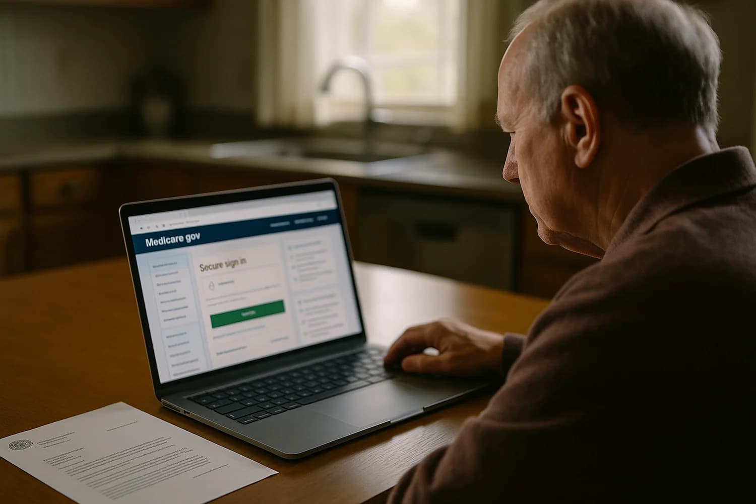 Older adult looking at a Medicare.gov-style account portal on a laptop beside an unexpected account letter