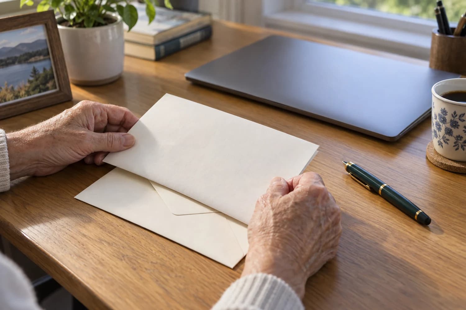 An envelope and folded letter being arranged on a desk beside a pen and closed laptop.
