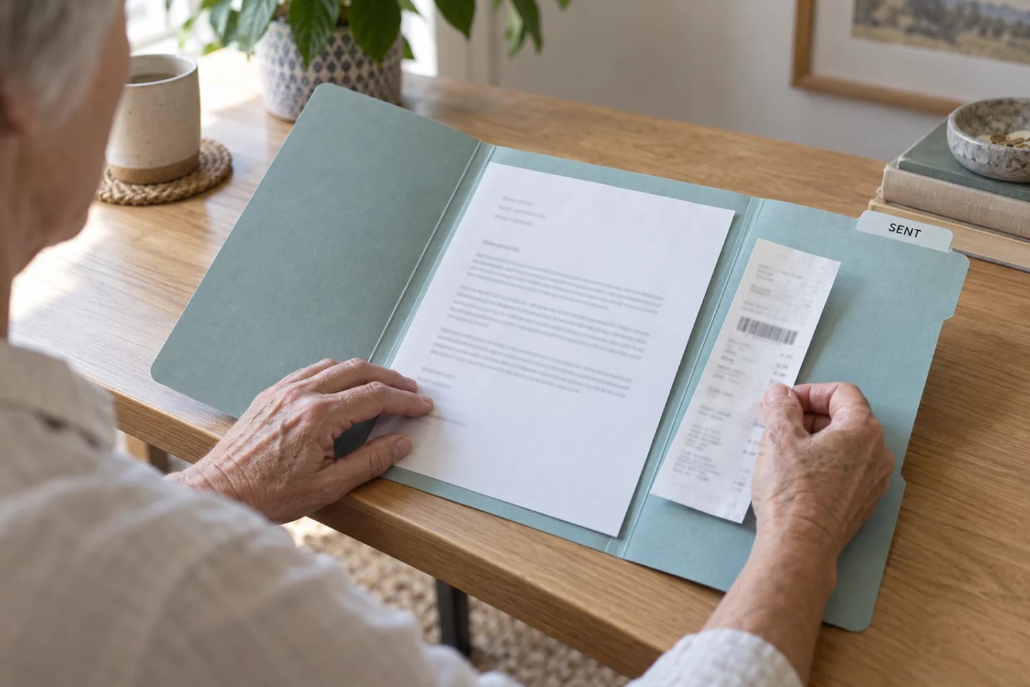 Hands reviewing a letter and postal receipt in a folder marked Sent on a wooden desk.