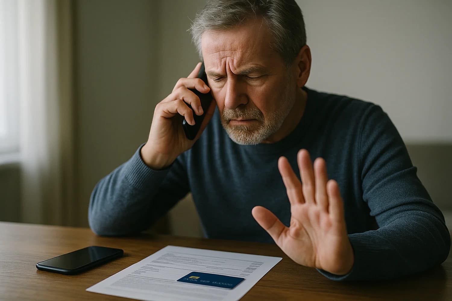 Older adult pausing during a phone scam about moving money for safety