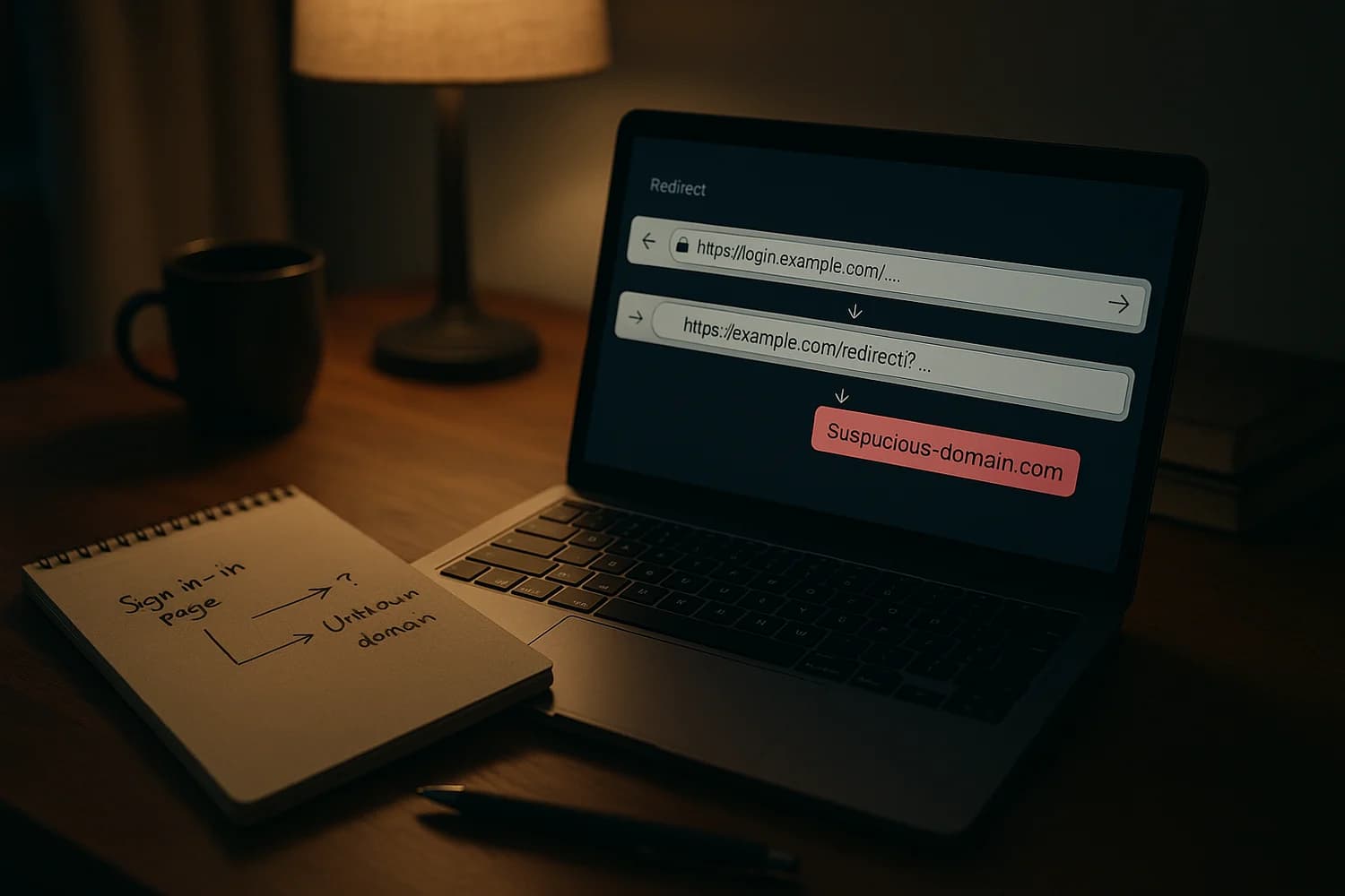Realistic security analyst verifying an OAuth redirect chain on a laptop, with a suspicious final destination highlighted