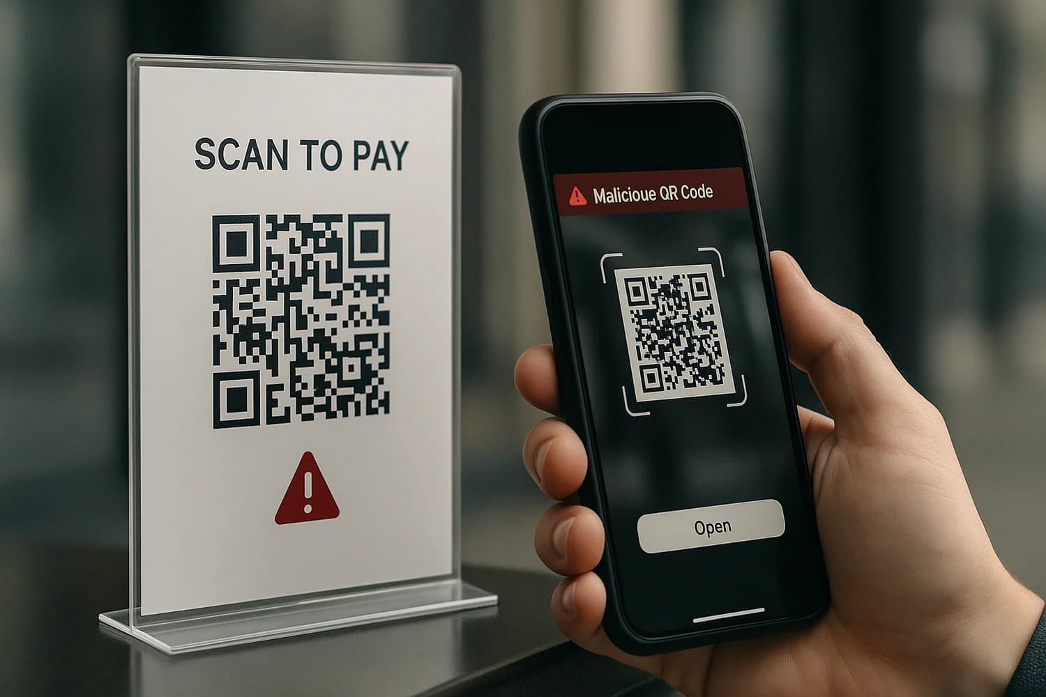 Professional realistic QR phishing scene showing a suspicious scan flow
