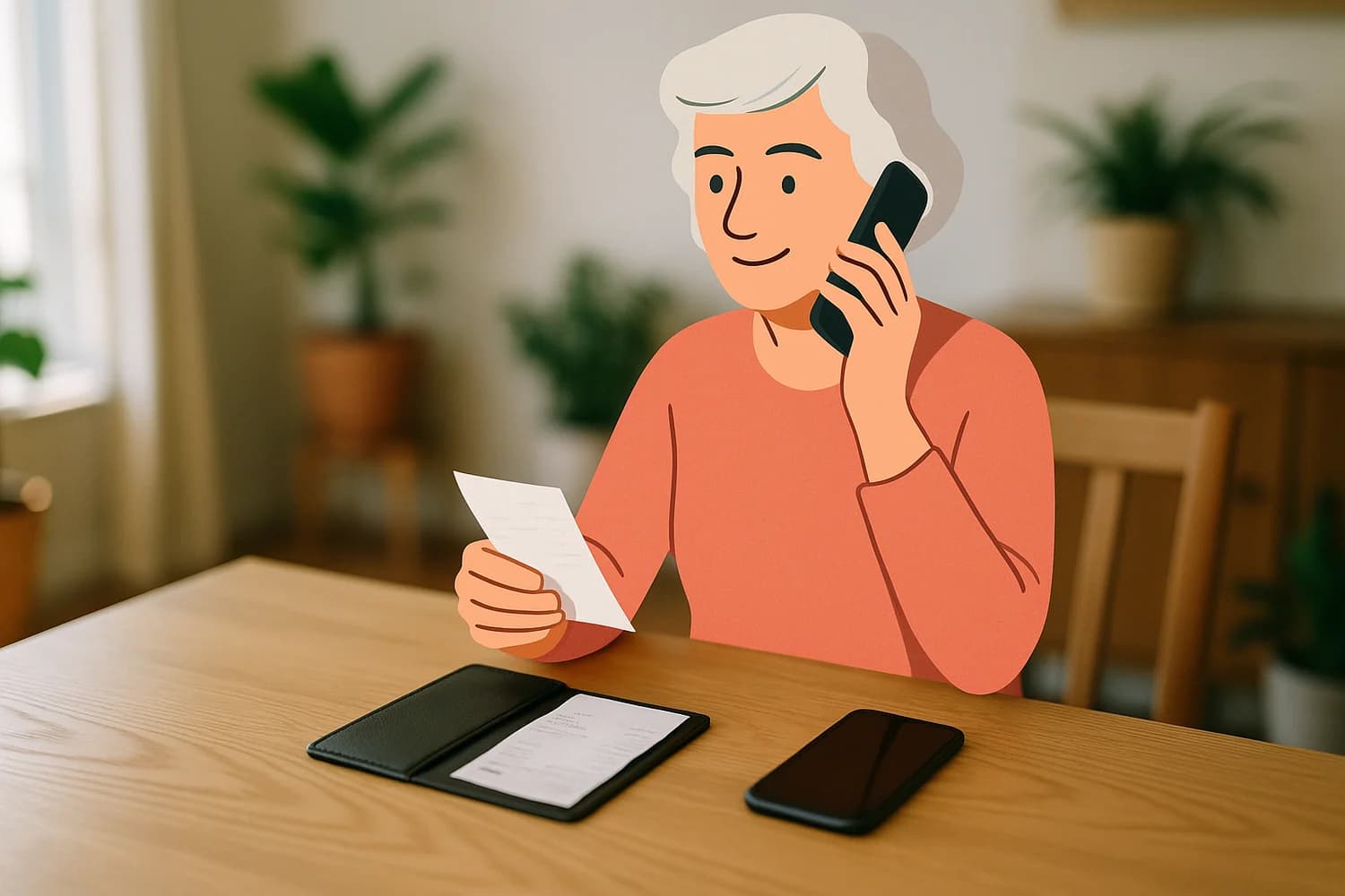 Illustrated woman calling her bank while organizing payment receipts at a realistic home table