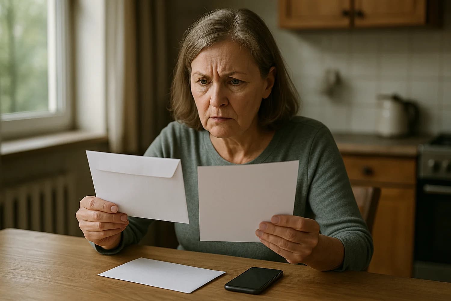 Older woman reviewing suspicious mail tied to a Social Security scam