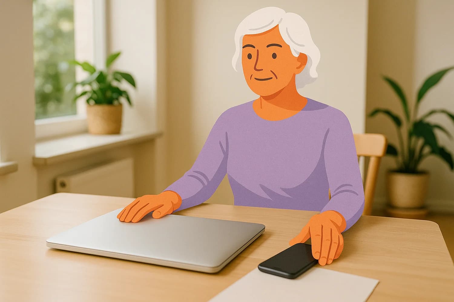 Illustrated woman stopping an online task session and setting her phone aside