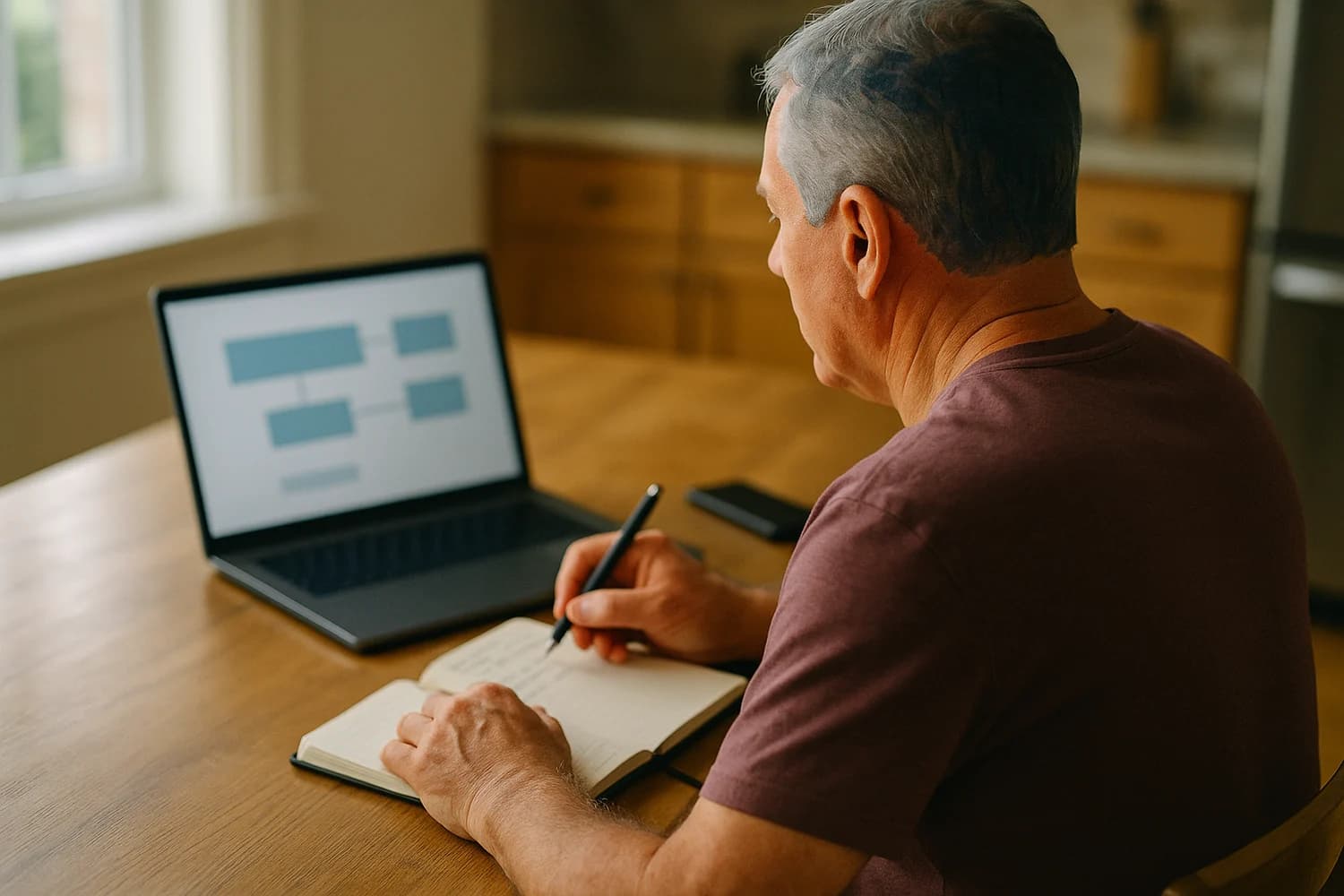 Older man documenting a romance blackmail incident through notes and account security checks at home
