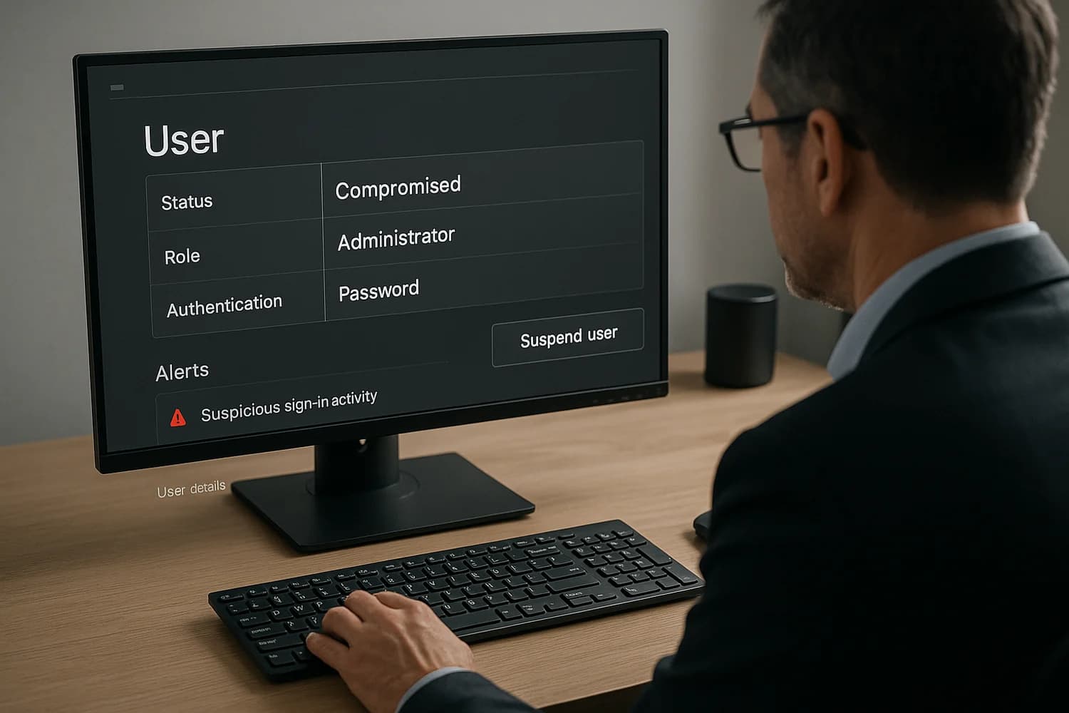 Professional realistic workspace admin compromise incident scene with identity control focus