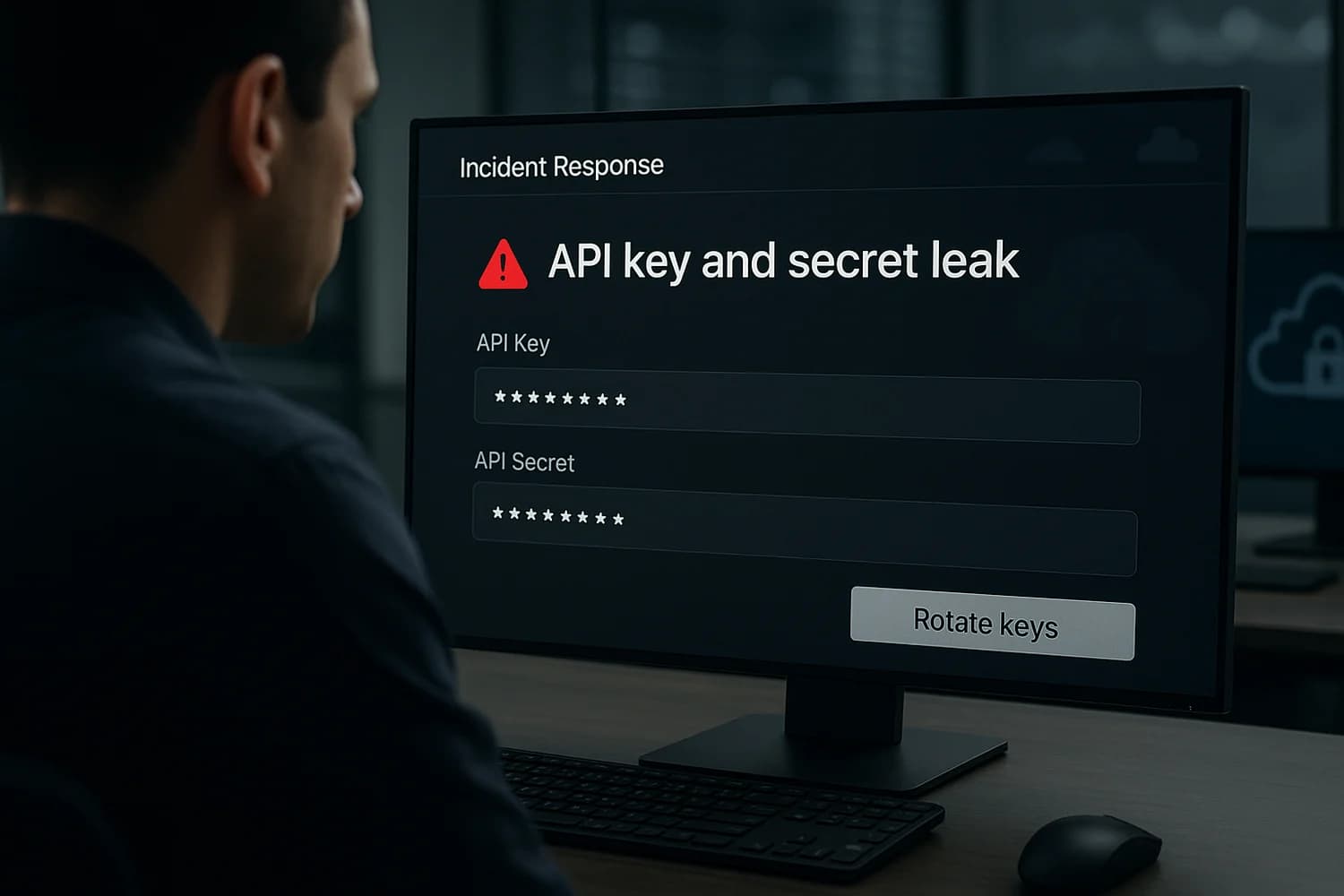 Professional realistic API key leak incident scene with controlled response context