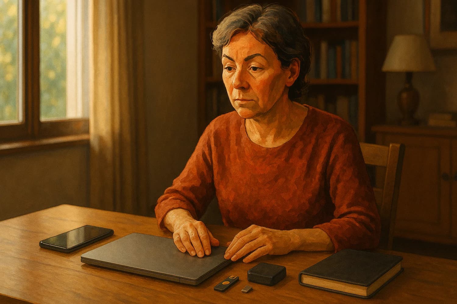 An adult family member studying a phone, laptop, and security devices that still block access after a death