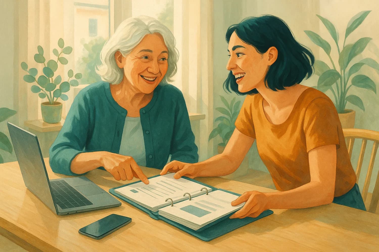 An older woman and adult daughter reviewing a family digital access plan with relaxed expressions