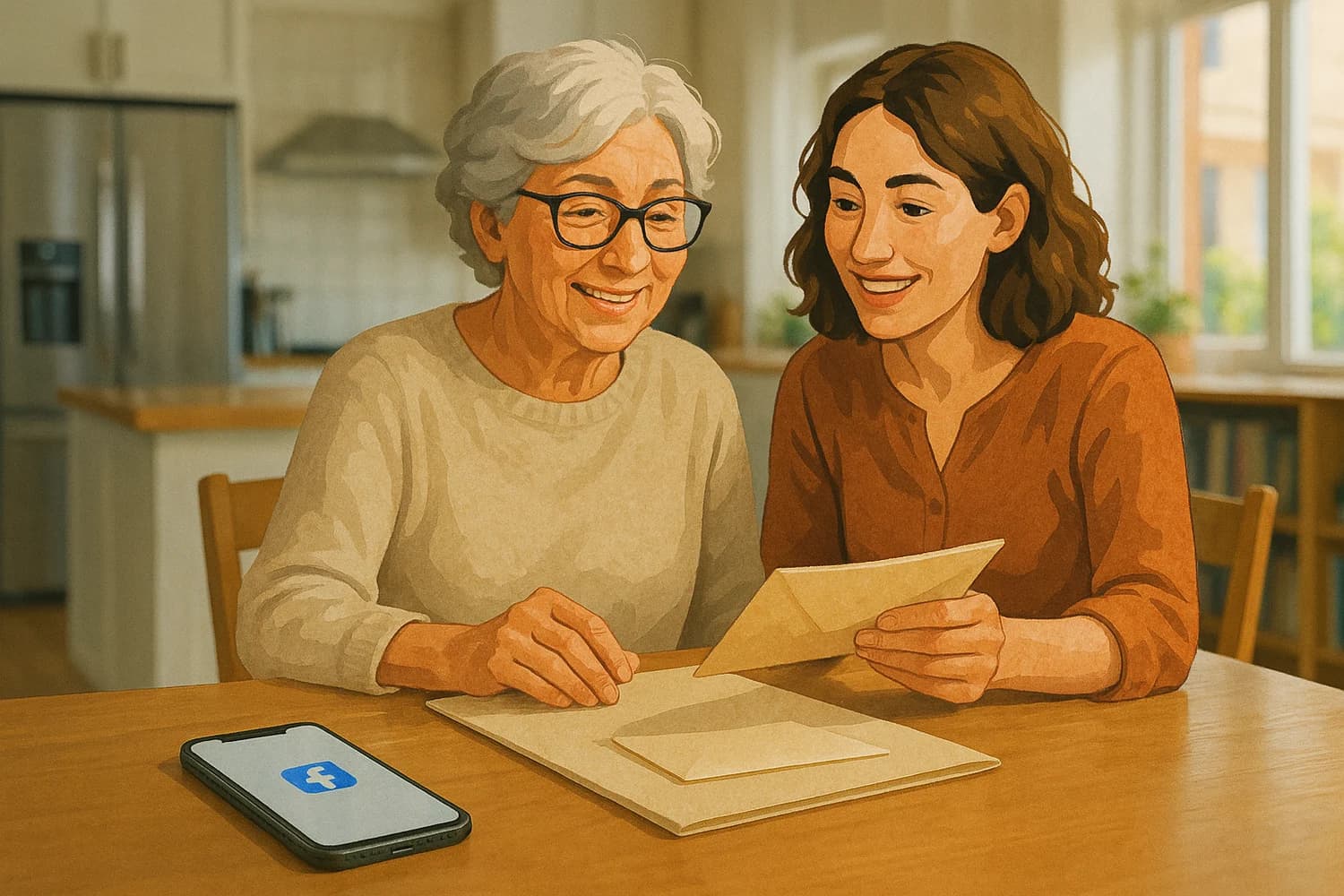 An older woman and adult daughter reviewing Facebook legacy planning materials with a Facebook icon visible on a nearby phone