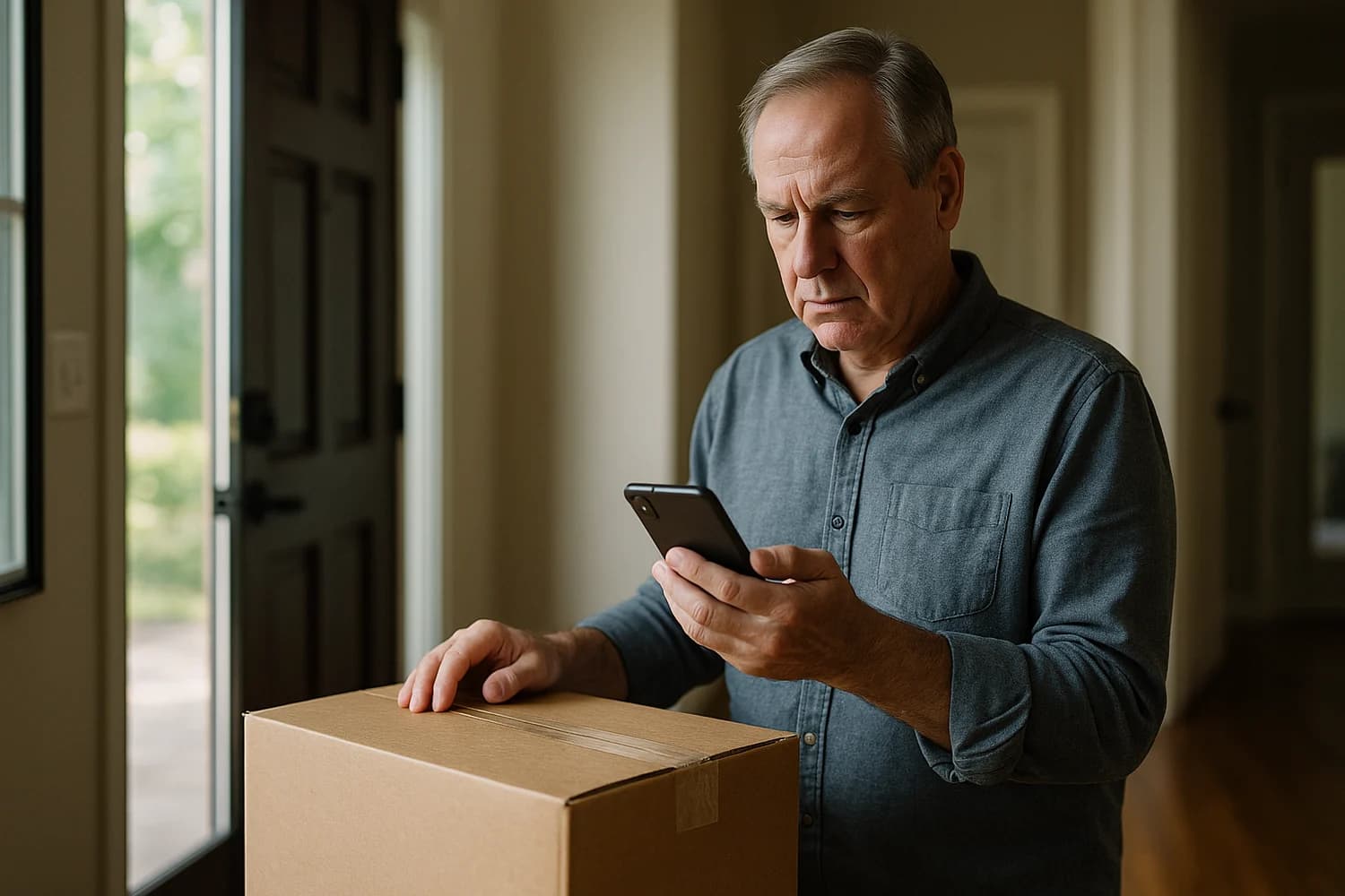 Older adult seller checking a suspicious Marketplace payment message beside a boxed item