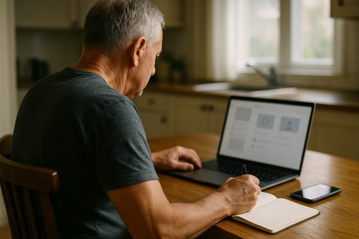 Older man documenting fake nude-image blackmail and removal steps at home