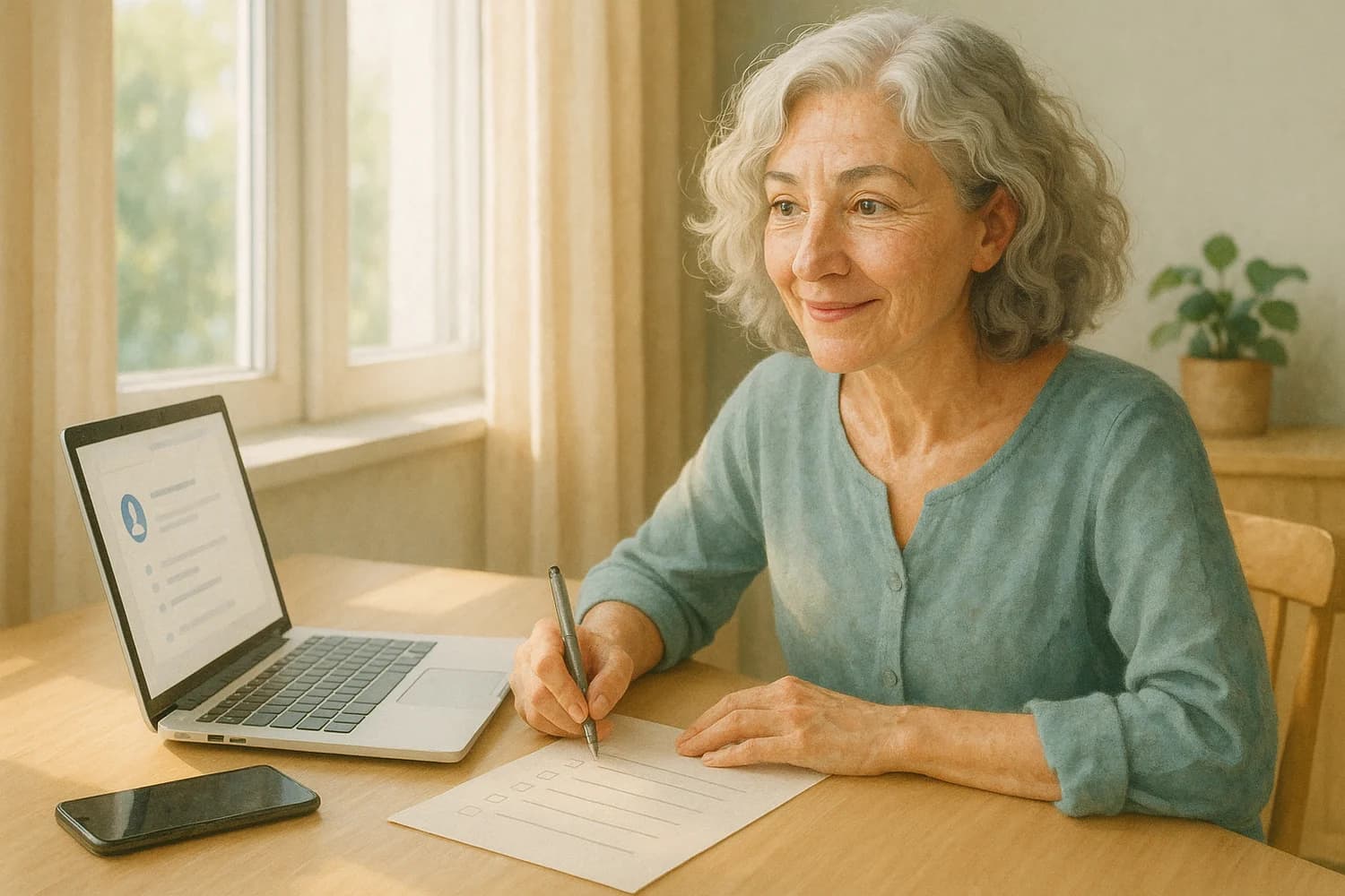 An older woman setting up an account inactivity plan with a relaxed, focused expression
