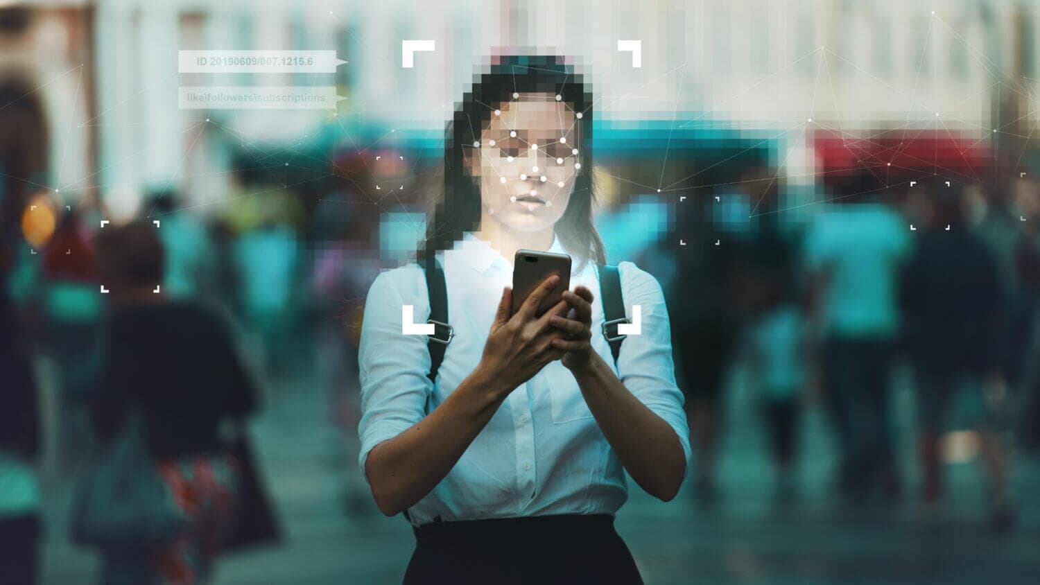 woman with a smartphone being identified on camera