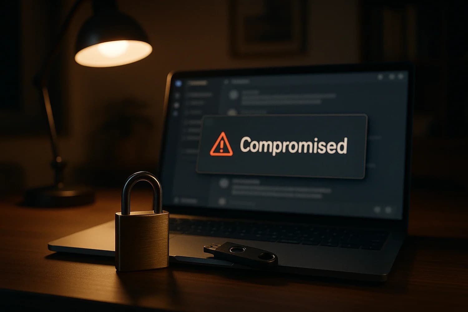 Discord account compromise recovery concept with a warning and security controls