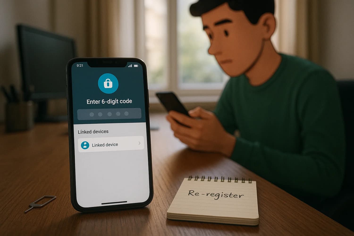 Messaging account recovery with verification code prompt and linked device cleanup