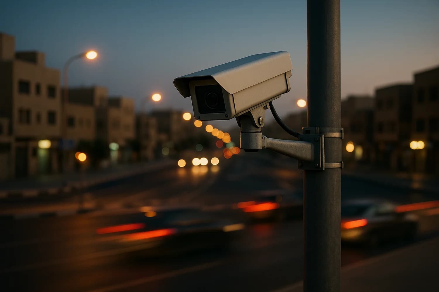 Photorealistic traffic surveillance camera at a city intersection, representing contested sensors and telecom networks