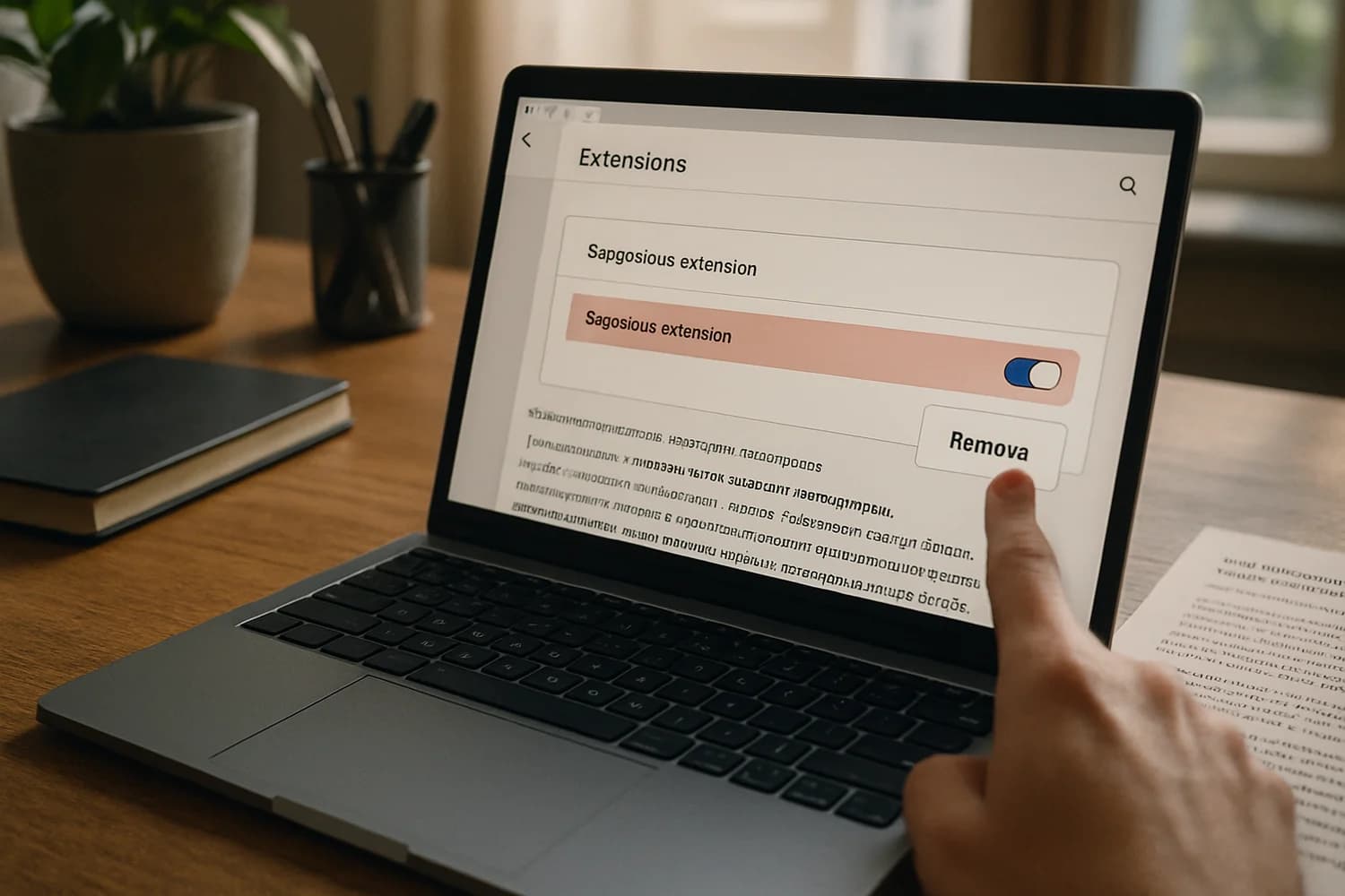 Removing a suspicious browser extension in a generic extensions settings page