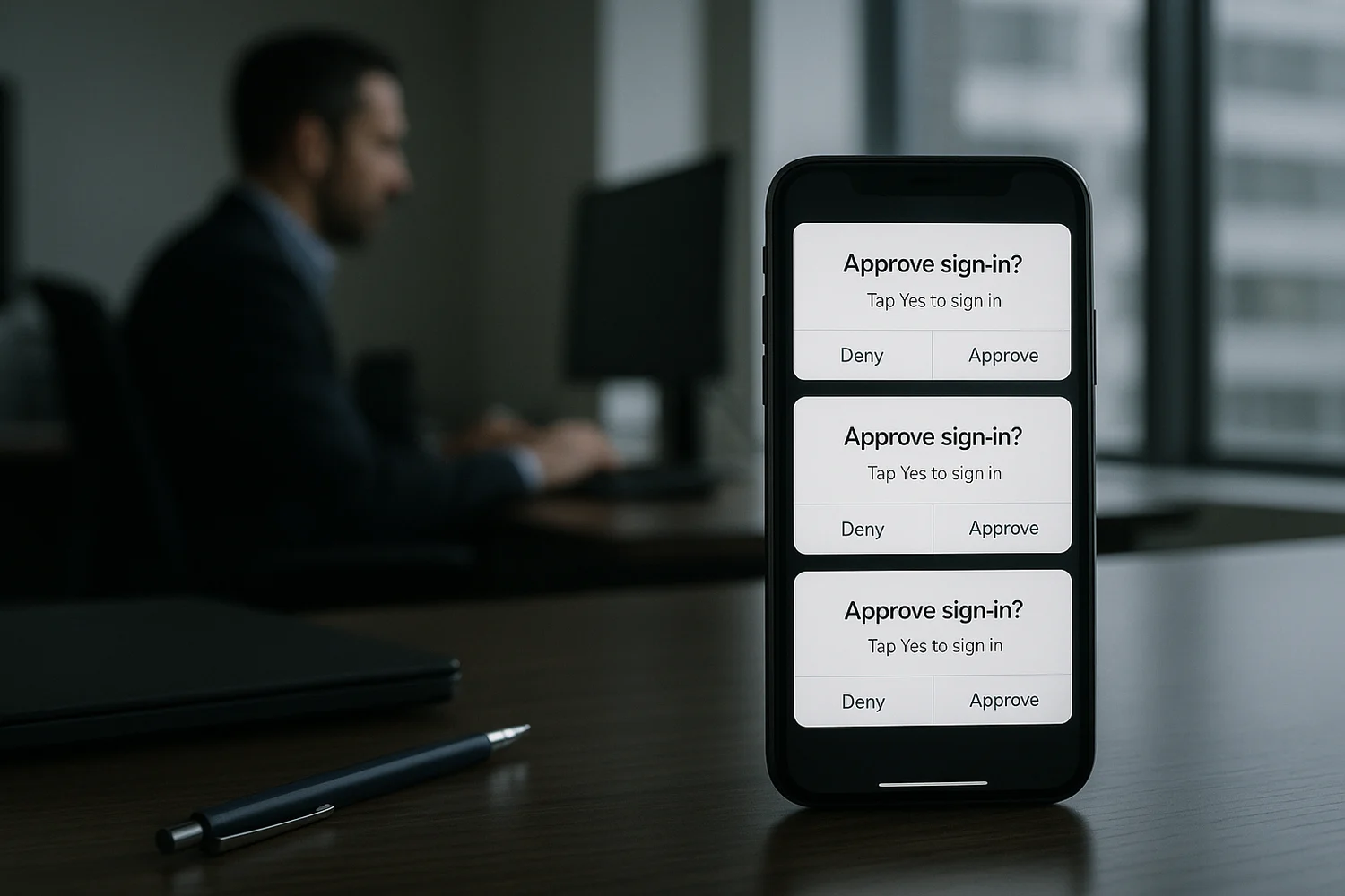 Professional realistic MFA fatigue incident scene with repeated sign-in prompts