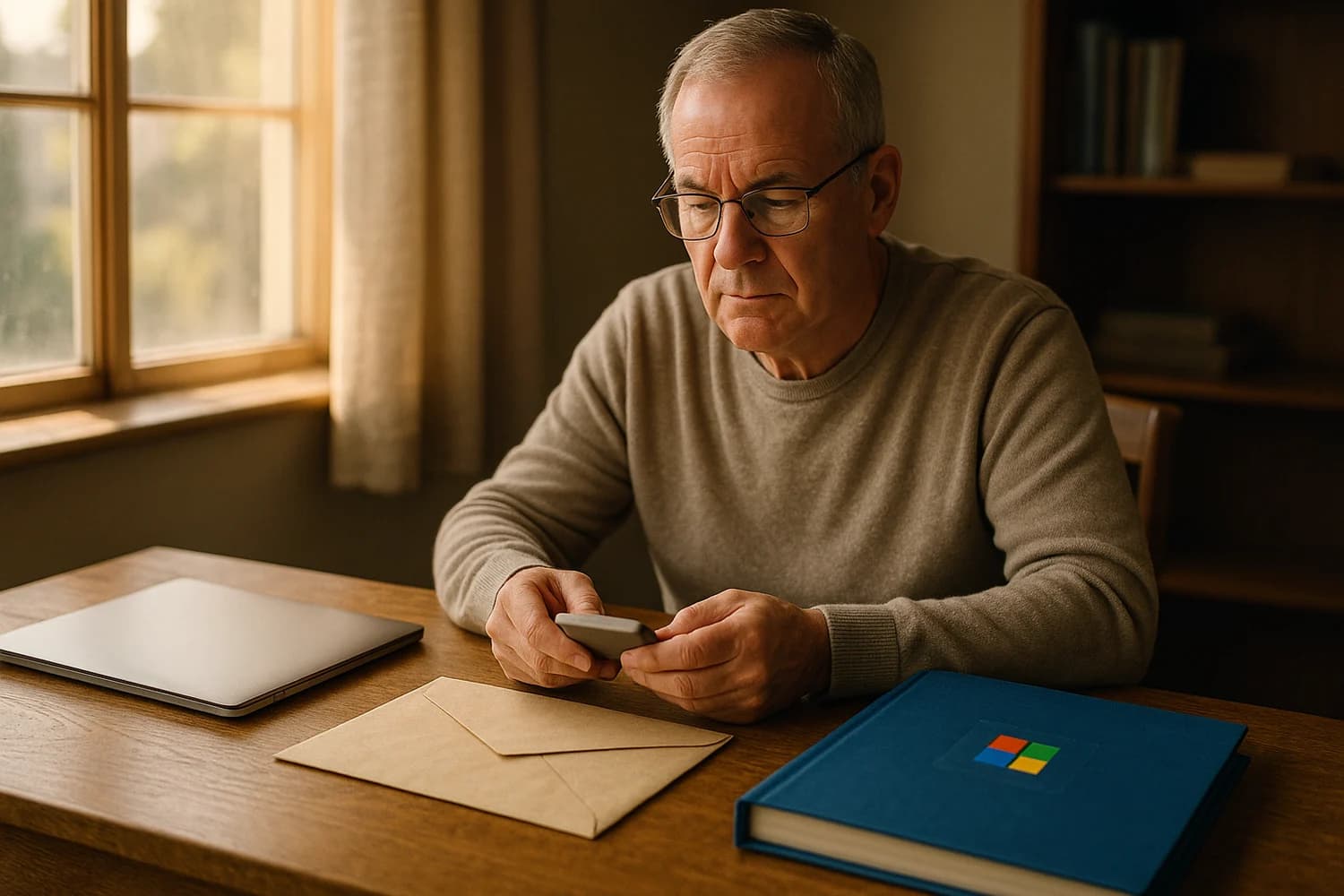 A mature adult reviewing Microsoft account records after a death, with a Microsoft badge on a blue folder