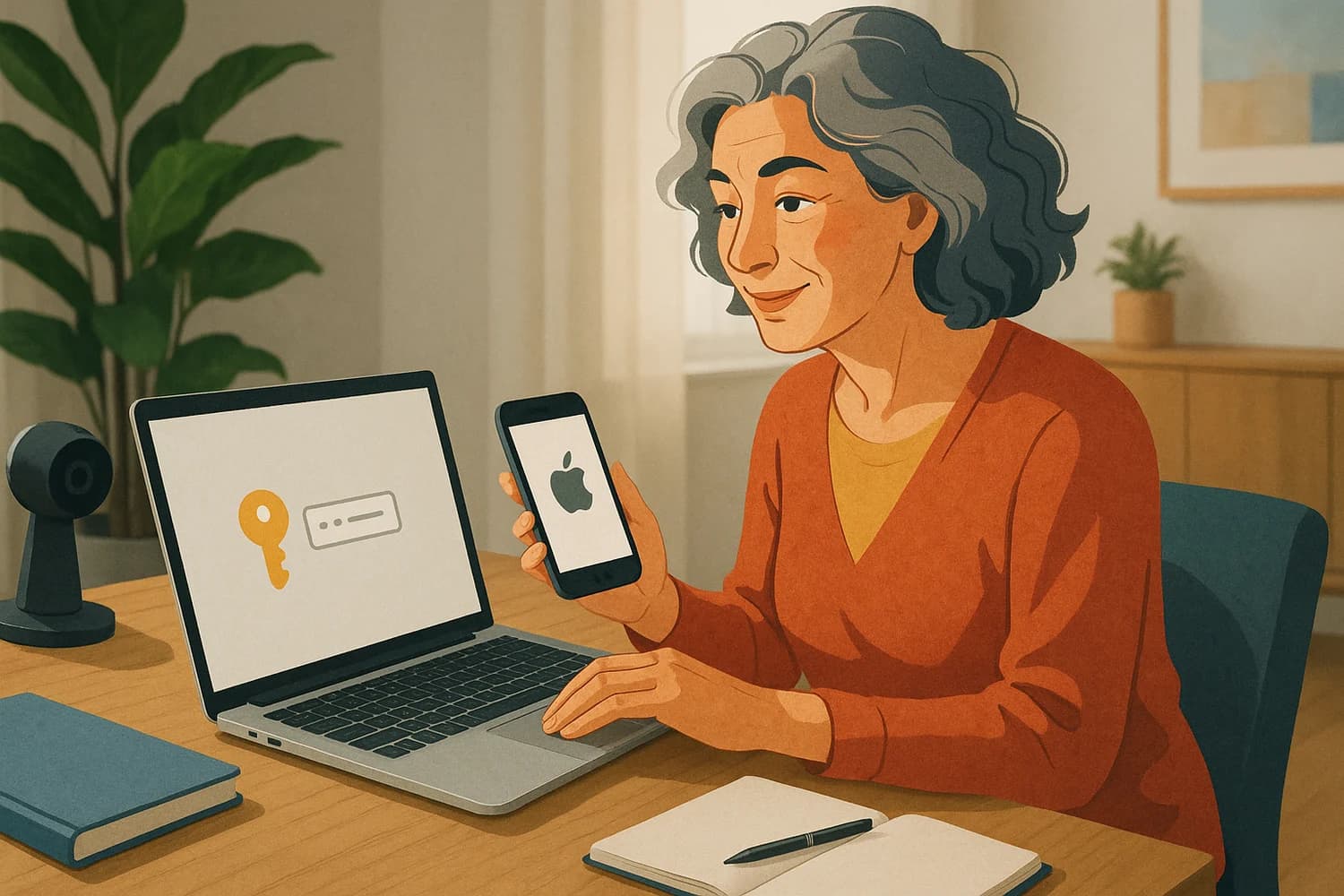 An older adult preparing Apple account access documents with a steady, practical expression