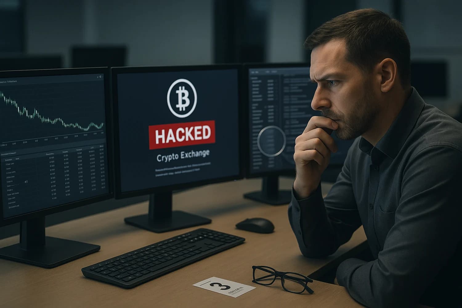 Professional realistic scene representing investigation into a disputed crypto exchange hack