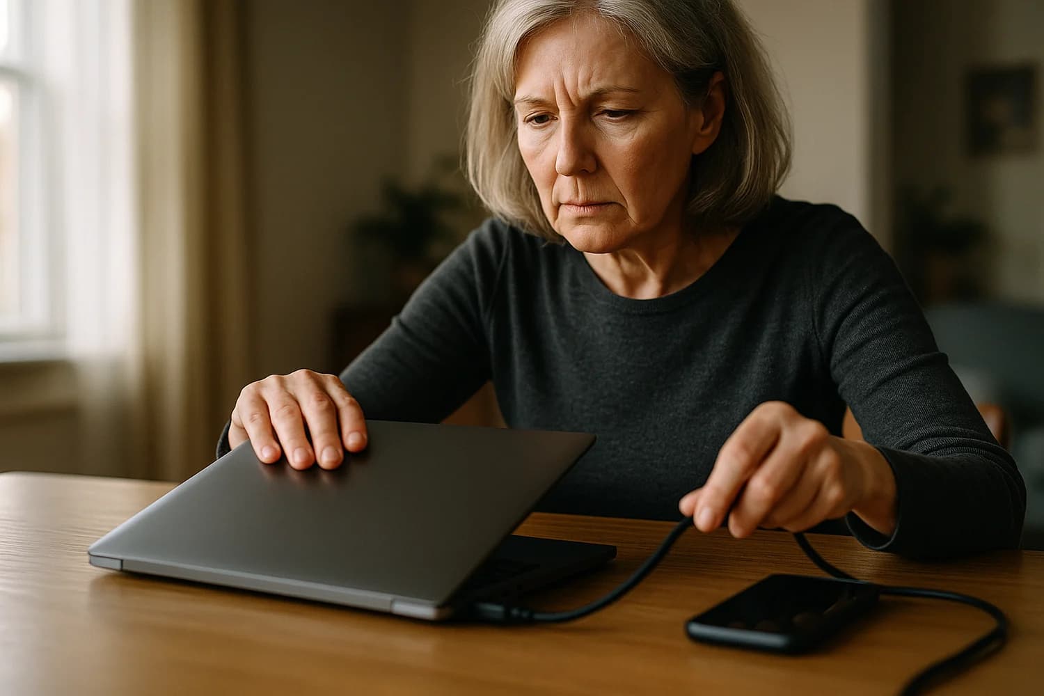 Older woman shutting down a laptop after a remote-access tech support scam