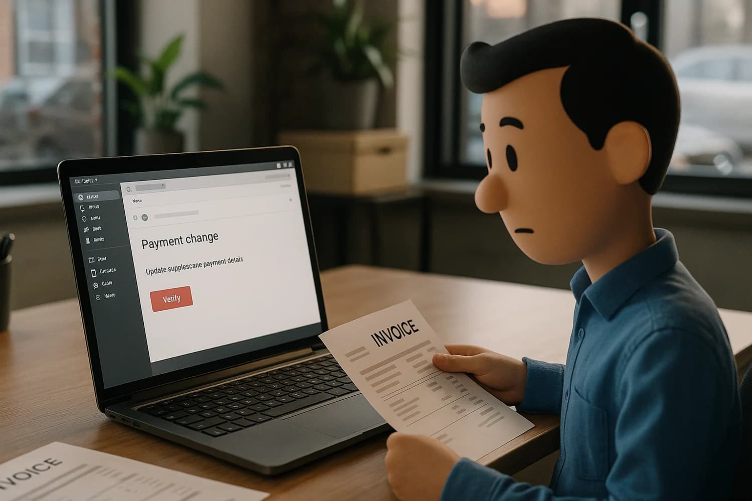 Business Email Compromise concept with a 2D animated analyst in a hyper-realistic setting