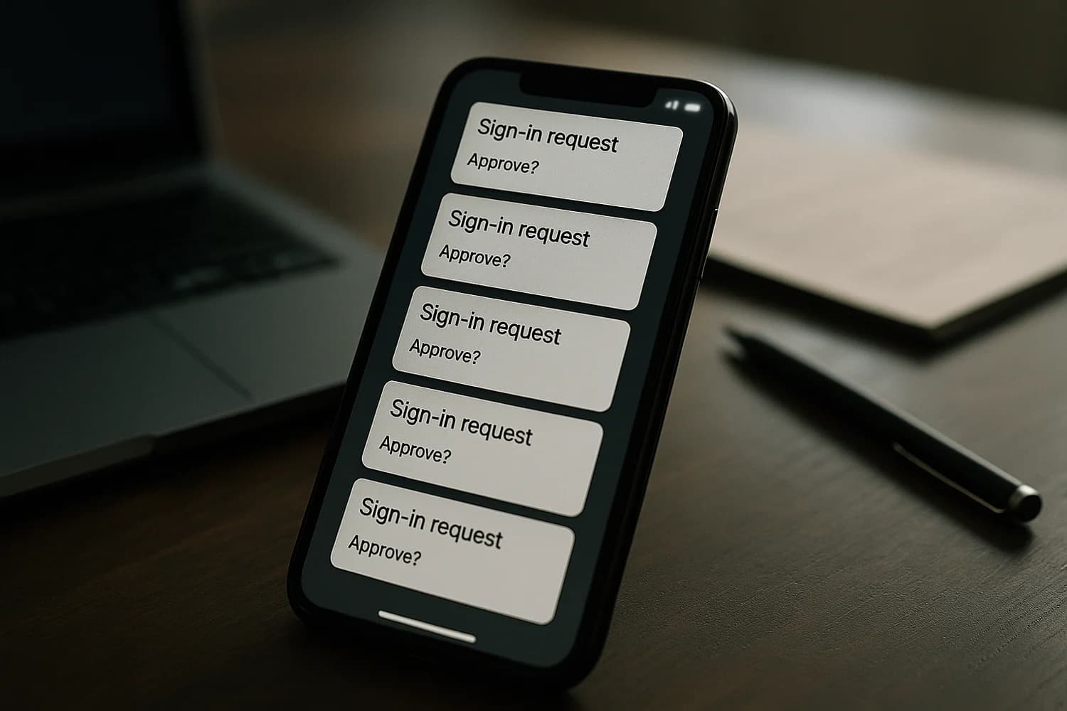 Smartphone showing repeated MFA approval requests during a push-bombing attempt