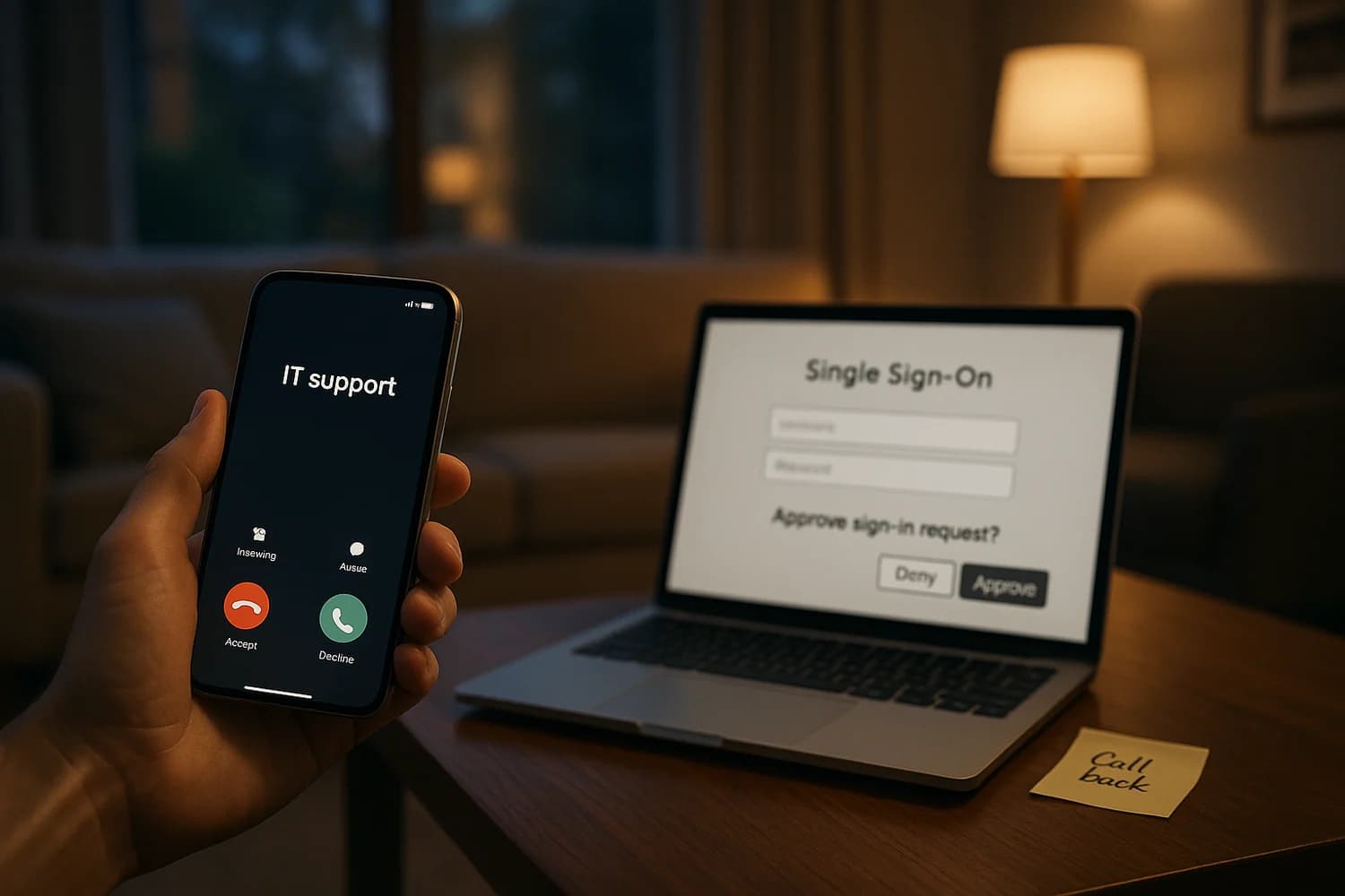 Vishing call scenario with SSO login and MFA prompt, emphasizing call-back verification