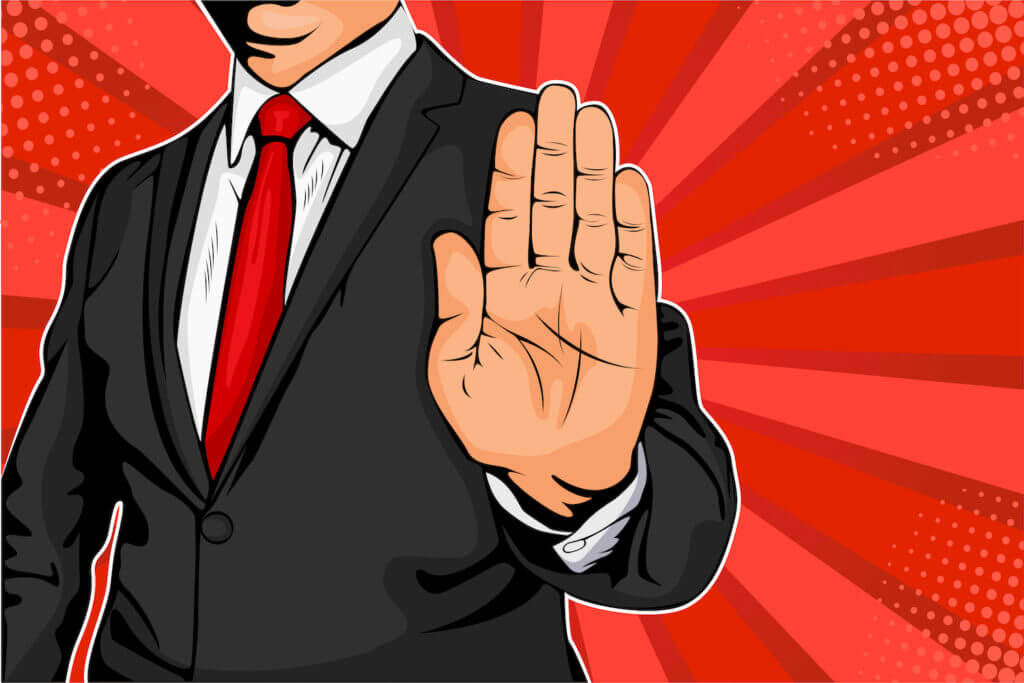 man with a hand saying stop red background